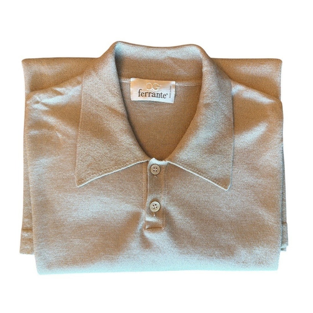 Ferrante Italy Knit Polo Size 60 US 3XL Long Sleeve Beige Lightweight Silk Blend